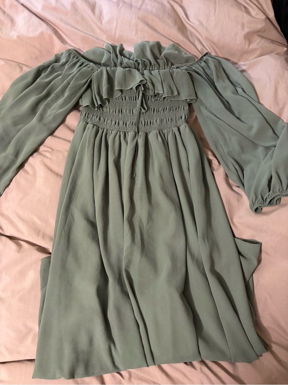 Off-Shoulder Smocked Waist Midi Dress in Sage Green